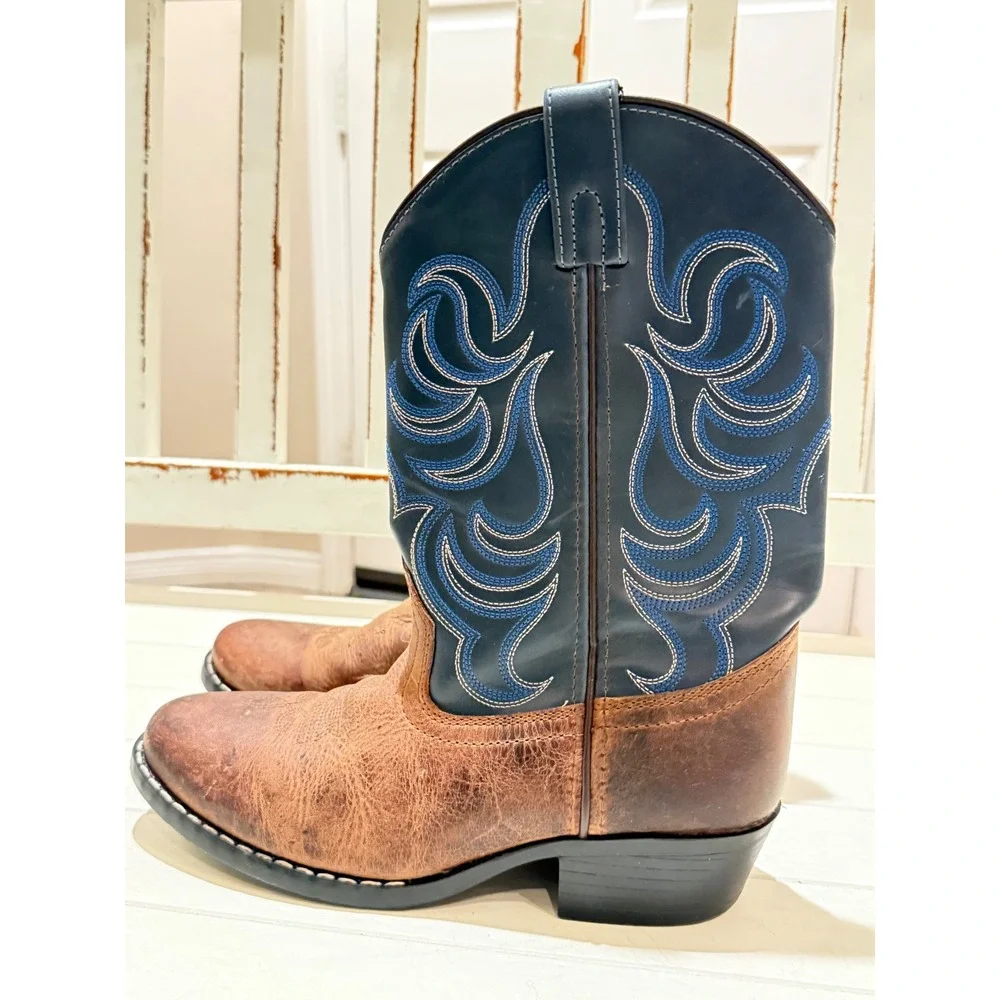Cody James Kids Brown Leather‎ Navy Blue Stitched Western Cowboy Boots Size 4 D